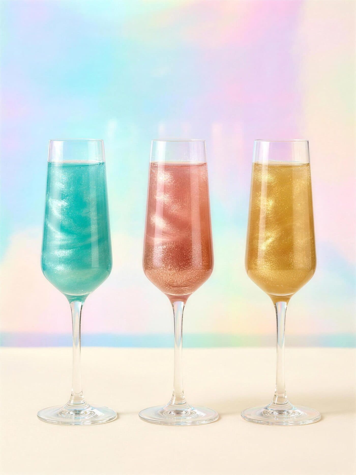 Trois verres de boissons pailletées, l’un turquoise, l’un rose, l’un doré